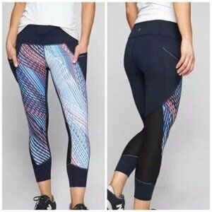 Athleta Navy Blue Mosaic Capri Leggings Pants Pockets